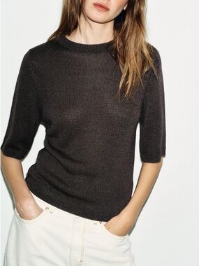 Zara NWT Dark Brown Short-Sleeve Knit Sweater